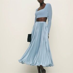 Reformation Blue Midi Pleated A-Line Skirt